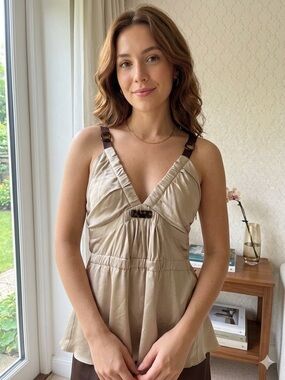 Alberta Ferretti Cream Silk Camisole with Brown Trim Top